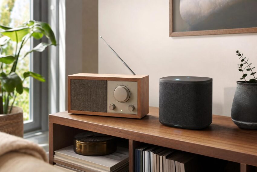 Dwa domowe odbiorniki audio na półce w salonie, porównanie radia internetowego i FM.