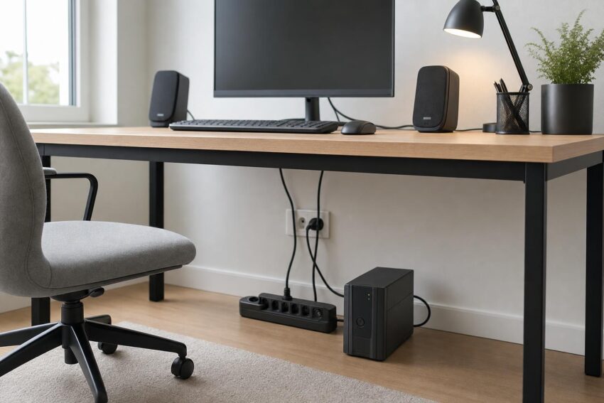 Biurko z elektroniką i obok widoczne listwa przepięciowa oraz mały UPS.
