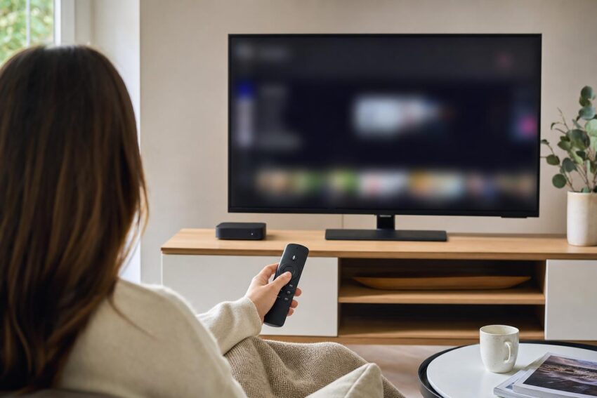 Osoba w salonie używa pilota głosowego do przystawki Smart TV przed telewizorem.