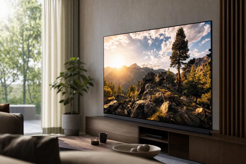 Nowoczesny telewizor w jasnym salonie wyświetla kontrastowy obraz HDR.