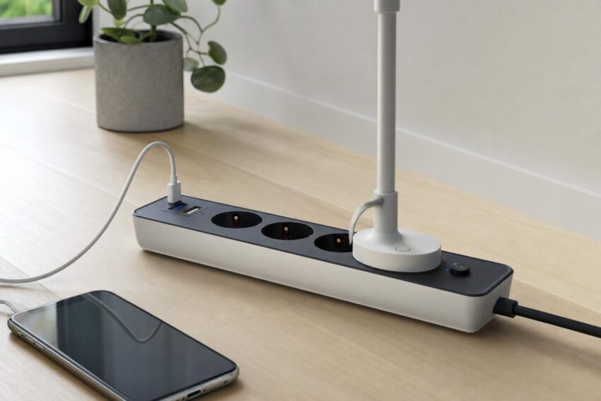 Listwa zasilająca z portami USB na podłodze, podłączona lampka i ładowany telefon